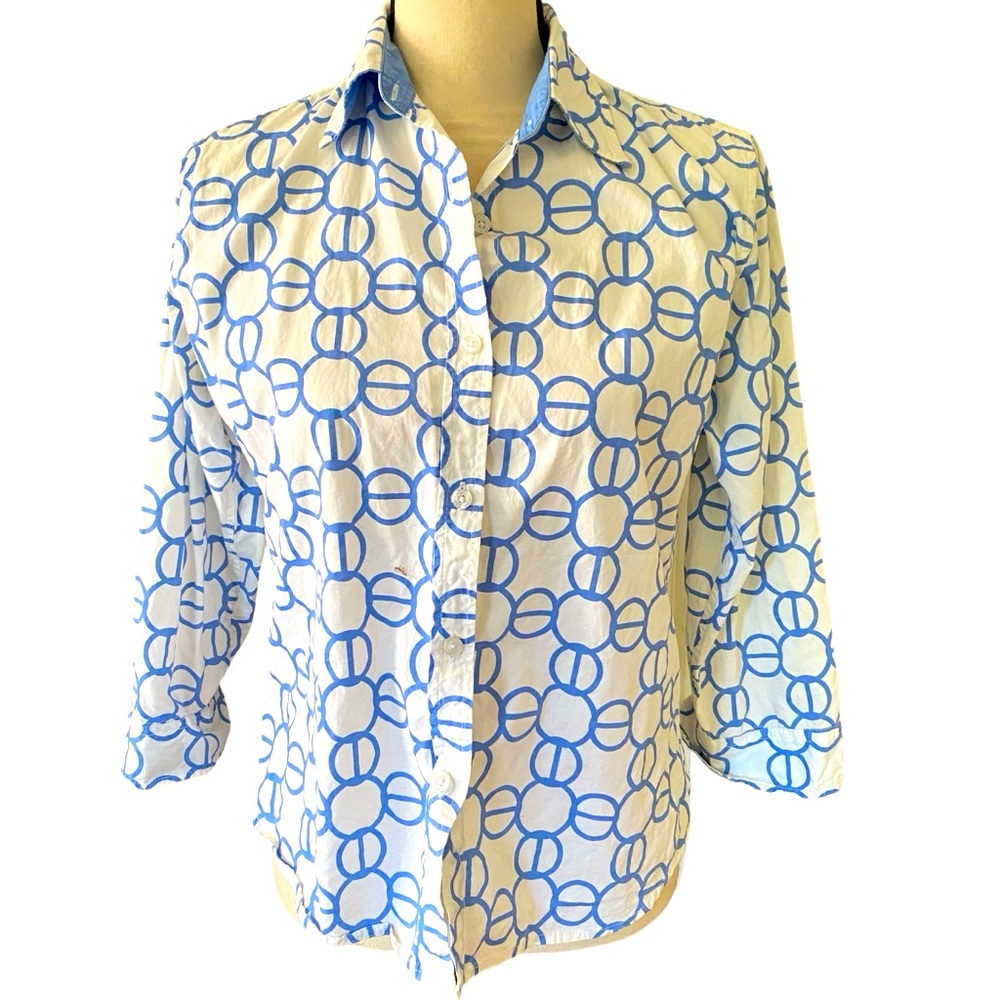 Cape Madras Womens Button Down Blouse with 3/4” Sleeves Blue & White